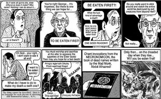Illustration for article titled "Who Will Be Eaten First?" — a Lovecraftian parody of Chick tracts